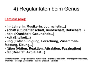 4) Regularitäten beim Genus Feminin (die): - in (Lehrerin, Musikerin, Journalistin...) - schaft (Studentenschaft, Kundschaft, Botschaft...) - heit  (Krankheit, Gesundheit...) - keit (Eitelkeit...) - ung (Entschuldigung, Forschung, Zusammen-fassung, Übung...) - (t)ion (Aktion, Reaktion, Attraktion, Faszination) - tät (Realität, Aktualität...) Studentenschaft – corpo discente, Kundschaft – clientela, Botschaft – mensagem/embaixada, Krankheit – doença, Gesundheit – saúde, Eitelkeit – vaidade 