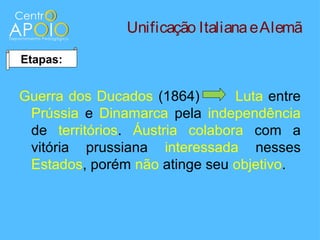 Unificação Italiana e Alemã
Etapas:


Guerra dos Ducados (1864)       Luta entre
 Prússia e Dinamarca pela independência
 de territórios. Áustria colabora com a
 vitória prussiana interessada nesses
 Estados, porém não atinge seu objetivo.
 