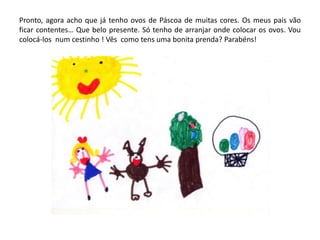 Pronto, agora acho que já tenho ovos de Páscoa de muitas cores. Os meus pais vão
ficar contentes… Que belo presente. Só tenho de arranjar onde colocar os ovos. Vou
colocá-los num cestinho ! Vês como tens uma bonita prenda? Parabéns!
 