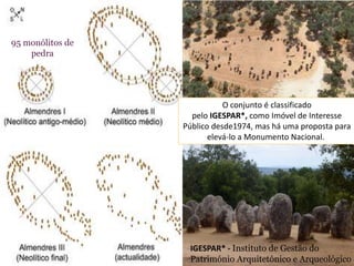 95 monólitos de
pedra

O conjunto é classificado
pelo IGESPAR*, como Imóvel de Interesse
Público desde1974, mas há uma proposta para
elevá-lo a Monumento Nacional.

IGESPAR* - Instituto de Gestão do
Património Arquitetónico e Arqueológico

 