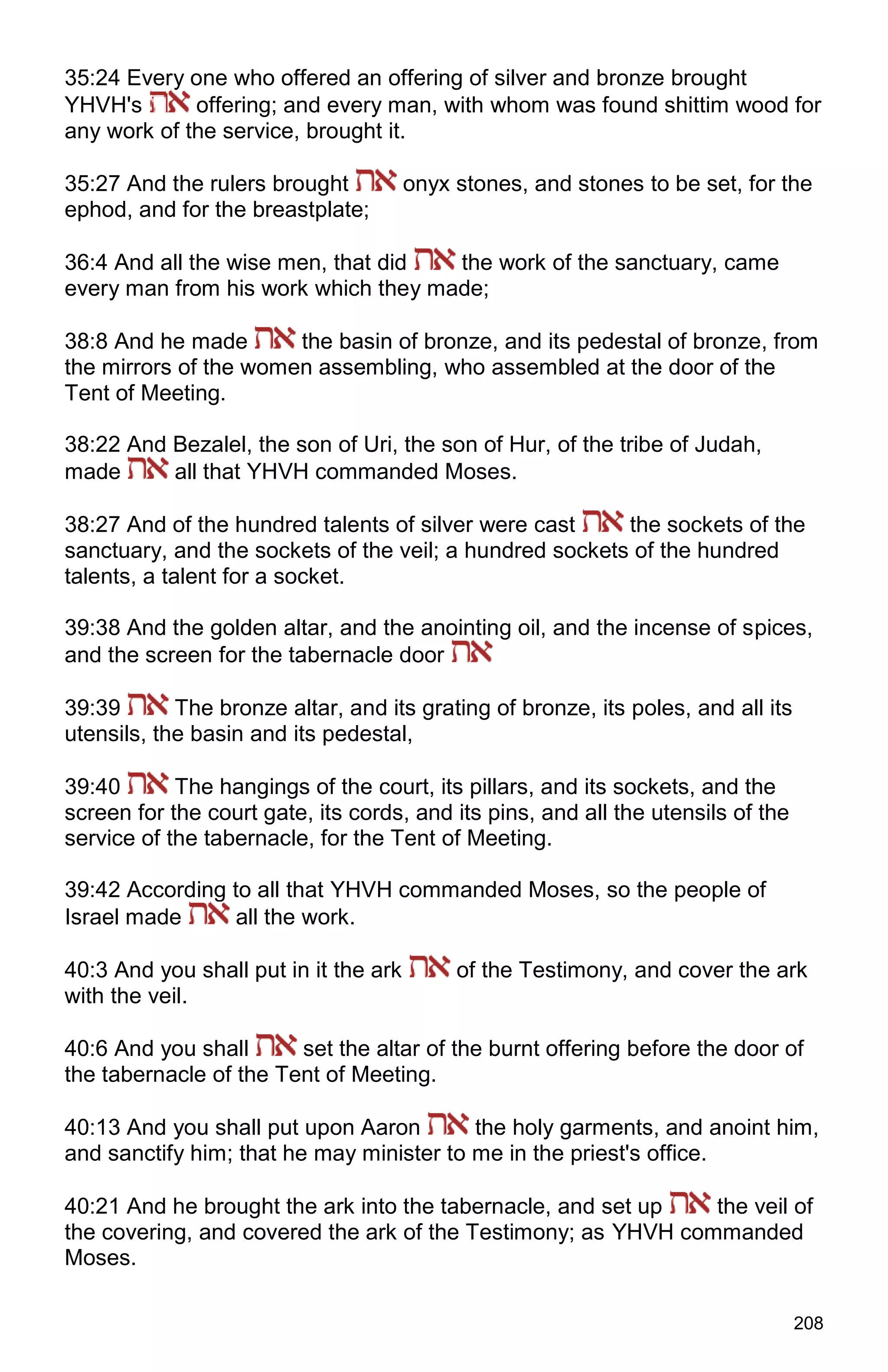 208
35:24 Every one who offered an offering of silver and bronze brought
YHVH's offering; and every man, with whom was found shittim wood for
any work of the service, brought it.
35:27 And the rulers brought onyx stones, and stones to be set, for the
ephod, and for the breastplate;
36:4 And all the wise men, that did the work of the sanctuary, came
every man from his work which they made;
38:8 And he made the basin of bronze, and its pedestal of bronze, from
the mirrors of the women assembling, who assembled at the door of the
Tent of Meeting.
38:22 And Bezalel, the son of Uri, the son of Hur, of the tribe of Judah,
made all that YHVH commanded Moses.
38:27 And of the hundred talents of silver were cast the sockets of the
sanctuary, and the sockets of the veil; a hundred sockets of the hundred
talents, a talent for a socket.
39:38 And the golden altar, and the anointing oil, and the incense of spices,
and the screen for the tabernacle door
39:39 The bronze altar, and its grating of bronze, its poles, and all its
utensils, the basin and its pedestal,
39:40 The hangings of the court, its pillars, and its sockets, and the
screen for the court gate, its cords, and its pins, and all the utensils of the
service of the tabernacle, for the Tent of Meeting.
39:42 According to all that YHVH commanded Moses, so the people of
Israel made all the work.
40:3 And you shall put in it the ark of the Testimony, and cover the ark
with the veil.
40:6 And you shall set the altar of the burnt offering before the door of
the tabernacle of the Tent of Meeting.
40:13 And you shall put upon Aaron the holy garments, and anoint him,
and sanctify him; that he may minister to me in the priest's office.
40:21 And he brought the ark into the tabernacle, and set up the veil of
the covering, and covered the ark of the Testimony; as YHVH commanded
Moses.
 