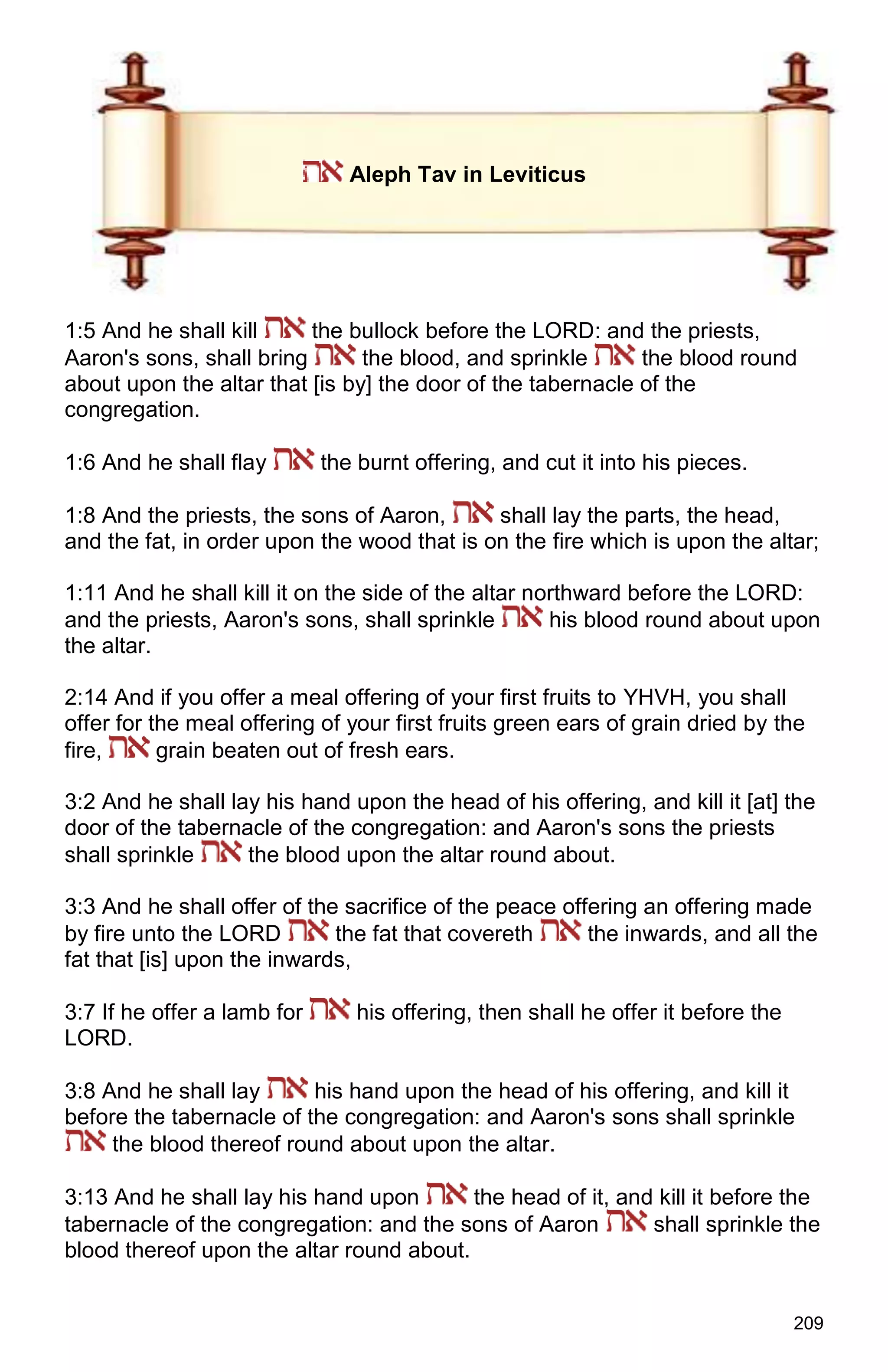 209
Aleph Tav in Leviticus
1:5 And he shall kill the bullock before the LORD: and the priests,
Aaron's sons, shall bring the blood, and sprinkle the blood round
about upon the altar that [is by] the door of the tabernacle of the
congregation.
1:6 And he shall flay the burnt offering, and cut it into his pieces.
1:8 And the priests, the sons of Aaron, shall lay the parts, the head,
and the fat, in order upon the wood that is on the fire which is upon the altar;
1:11 And he shall kill it on the side of the altar northward before the LORD:
and the priests, Aaron's sons, shall sprinkle his blood round about upon
the altar.
2:14 And if you offer a meal offering of your first fruits to YHVH, you shall
offer for the meal offering of your first fruits green ears of grain dried by the
fire, grain beaten out of fresh ears.
3:2 And he shall lay his hand upon the head of his offering, and kill it [at] the
door of the tabernacle of the congregation: and Aaron's sons the priests
shall sprinkle the blood upon the altar round about.
3:3 And he shall offer of the sacrifice of the peace offering an offering made
by fire unto the LORD the fat that covereth the inwards, and all the
fat that [is] upon the inwards,
3:7 If he offer a lamb for his offering, then shall he offer it before the
LORD.
3:8 And he shall lay his hand upon the head of his offering, and kill it
before the tabernacle of the congregation: and Aaron's sons shall sprinkle
the blood thereof round about upon the altar.
3:13 And he shall lay his hand upon the head of it, and kill it before the
tabernacle of the congregation: and the sons of Aaron shall sprinkle the
blood thereof upon the altar round about.
 
