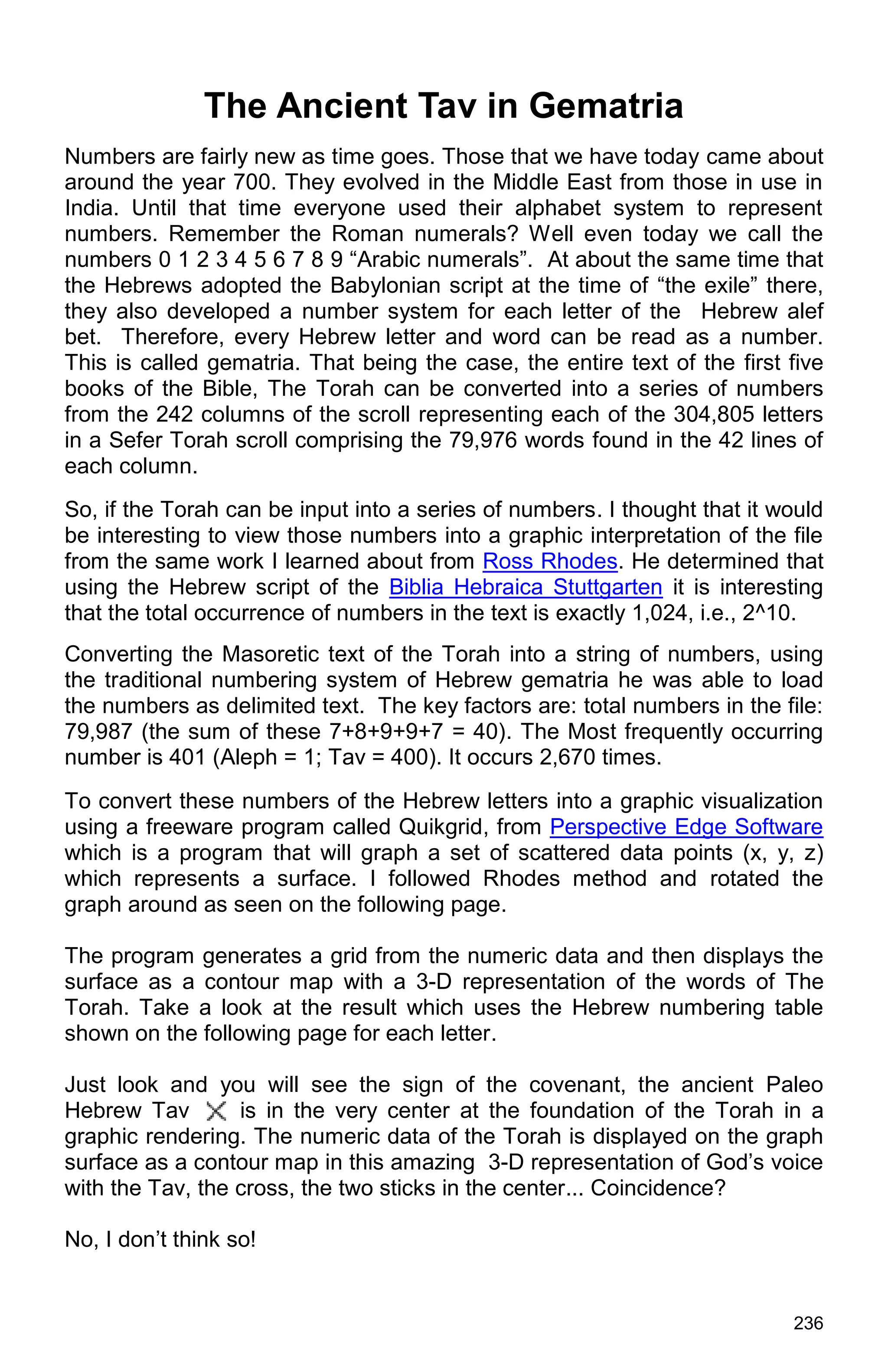 236
The Ancient Tav in Gematria
Numbers are fairly new as time goes. Those that we have today came about
around the year 700. They evolved in the Middle East from those in use in
India. Until that time everyone used their alphabet system to represent
numbers. Remember the Roman numerals? Well even today we call the
numbers 0 1 2 3 4 5 6 7 8 9 “Arabic numerals”. At about the same time that
the Hebrews adopted the Babylonian script at the time of “the exile” there,
they also developed a number system for each letter of the Hebrew alef
bet. Therefore, every Hebrew letter and word can be read as a number.
This is called gematria. That being the case, the entire text of the first five
books of the Bible, The Torah can be converted into a series of numbers
from the 242 columns of the scroll representing each of the 304,805 letters
in a Sefer Torah scroll comprising the 79,976 words found in the 42 lines of
each column.
So, if the Torah can be input into a series of numbers. I thought that it would
be interesting to view those numbers into a graphic interpretation of the file
from the same work I learned about from Ross Rhodes. He determined that
using the Hebrew script of the Biblia Hebraica Stuttgarten it is interesting
that the total occurrence of numbers in the text is exactly 1,024, i.e., 2^10.
Converting the Masoretic text of the Torah into a string of numbers, using
the traditional numbering system of Hebrew gematria he was able to load
the numbers as delimited text. The key factors are: total numbers in the file:
79,987 (the sum of these 7+8+9+9+7 = 40). The Most frequently occurring
number is 401 (Aleph = 1; Tav = 400). It occurs 2,670 times.
To convert these numbers of the Hebrew letters into a graphic visualization
using a freeware program called Quikgrid, from Perspective Edge Software
which is a program that will graph a set of scattered data points (x, y, z)
which represents a surface. I followed Rhodes method and rotated the
graph around as seen on the following page.
The program generates a grid from the numeric data and then displays the
surface as a contour map with a 3-D representation of the words of The
Torah. Take a look at the result which uses the Hebrew numbering table
shown on the following page for each letter.
Just look and you will see the sign of the covenant, the ancient Paleo
Hebrew Tav is in the very center at the foundation of the Torah in a
graphic rendering. The numeric data of the Torah is displayed on the graph
surface as a contour map in this amazing 3-D representation of God’s voice
with the Tav, the cross, the two sticks in the center... Coincidence?
No, I don’t think so!
 