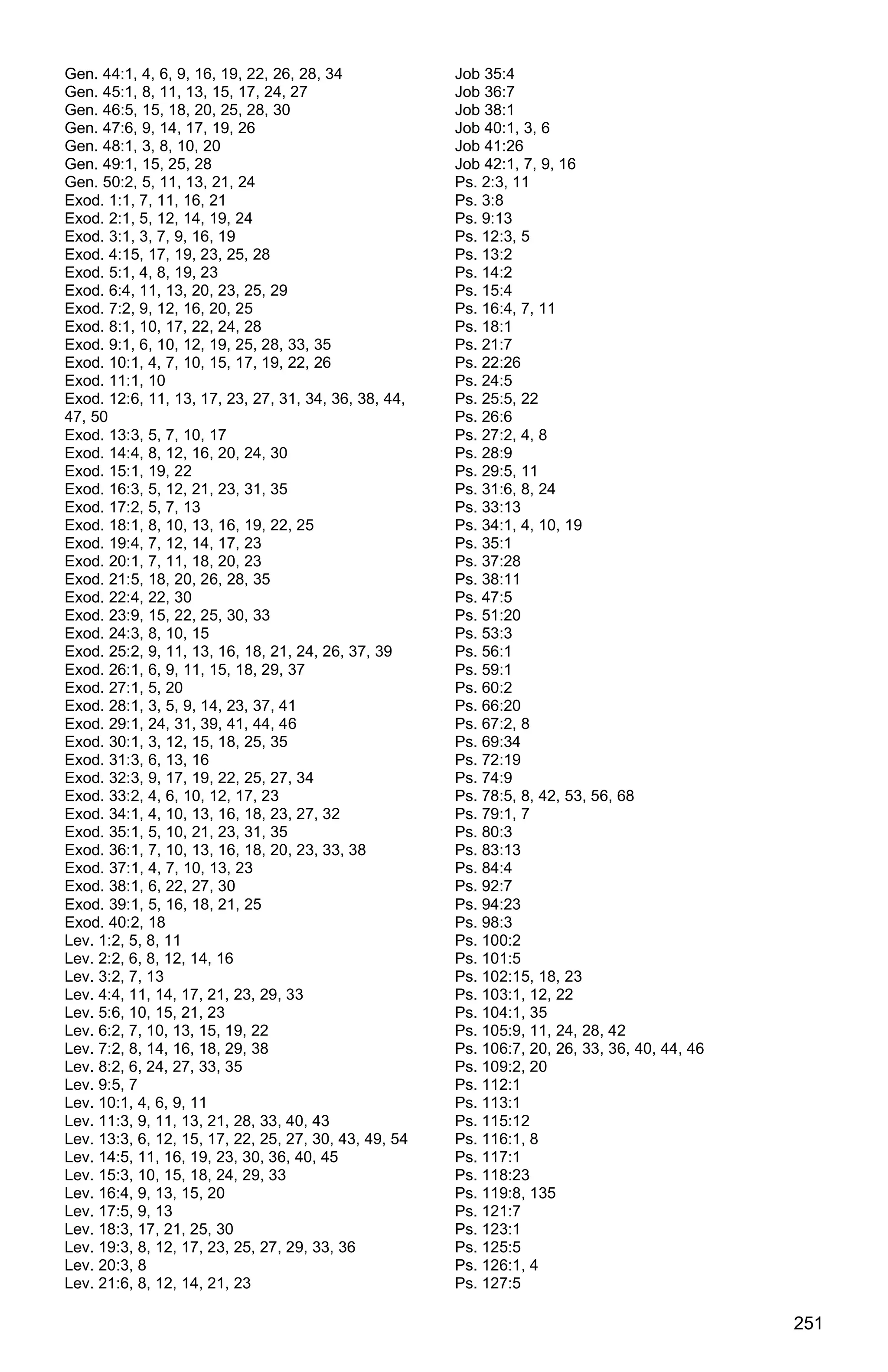 251
Gen. 44:1, 4, 6, 9, 16, 19, 22, 26, 28, 34
Gen. 45:1, 8, 11, 13, 15, 17, 24, 27
Gen. 46:5, 15, 18, 20, 25, 28, 30
Gen. 47:6, 9, 14, 17, 19, 26
Gen. 48:1, 3, 8, 10, 20
Gen. 49:1, 15, 25, 28
Gen. 50:2, 5, 11, 13, 21, 24
Exod. 1:1, 7, 11, 16, 21
Exod. 2:1, 5, 12, 14, 19, 24
Exod. 3:1, 3, 7, 9, 16, 19
Exod. 4:15, 17, 19, 23, 25, 28
Exod. 5:1, 4, 8, 19, 23
Exod. 6:4, 11, 13, 20, 23, 25, 29
Exod. 7:2, 9, 12, 16, 20, 25
Exod. 8:1, 10, 17, 22, 24, 28
Exod. 9:1, 6, 10, 12, 19, 25, 28, 33, 35
Exod. 10:1, 4, 7, 10, 15, 17, 19, 22, 26
Exod. 11:1, 10
Exod. 12:6, 11, 13, 17, 23, 27, 31, 34, 36, 38, 44,
47, 50
Exod. 13:3, 5, 7, 10, 17
Exod. 14:4, 8, 12, 16, 20, 24, 30
Exod. 15:1, 19, 22
Exod. 16:3, 5, 12, 21, 23, 31, 35
Exod. 17:2, 5, 7, 13
Exod. 18:1, 8, 10, 13, 16, 19, 22, 25
Exod. 19:4, 7, 12, 14, 17, 23
Exod. 20:1, 7, 11, 18, 20, 23
Exod. 21:5, 18, 20, 26, 28, 35
Exod. 22:4, 22, 30
Exod. 23:9, 15, 22, 25, 30, 33
Exod. 24:3, 8, 10, 15
Exod. 25:2, 9, 11, 13, 16, 18, 21, 24, 26, 37, 39
Exod. 26:1, 6, 9, 11, 15, 18, 29, 37
Exod. 27:1, 5, 20
Exod. 28:1, 3, 5, 9, 14, 23, 37, 41
Exod. 29:1, 24, 31, 39, 41, 44, 46
Exod. 30:1, 3, 12, 15, 18, 25, 35
Exod. 31:3, 6, 13, 16
Exod. 32:3, 9, 17, 19, 22, 25, 27, 34
Exod. 33:2, 4, 6, 10, 12, 17, 23
Exod. 34:1, 4, 10, 13, 16, 18, 23, 27, 32
Exod. 35:1, 5, 10, 21, 23, 31, 35
Exod. 36:1, 7, 10, 13, 16, 18, 20, 23, 33, 38
Exod. 37:1, 4, 7, 10, 13, 23
Exod. 38:1, 6, 22, 27, 30
Exod. 39:1, 5, 16, 18, 21, 25
Exod. 40:2, 18
Lev. 1:2, 5, 8, 11
Lev. 2:2, 6, 8, 12, 14, 16
Lev. 3:2, 7, 13
Lev. 4:4, 11, 14, 17, 21, 23, 29, 33
Lev. 5:6, 10, 15, 21, 23
Lev. 6:2, 7, 10, 13, 15, 19, 22
Lev. 7:2, 8, 14, 16, 18, 29, 38
Lev. 8:2, 6, 24, 27, 33, 35
Lev. 9:5, 7
Lev. 10:1, 4, 6, 9, 11
Lev. 11:3, 9, 11, 13, 21, 28, 33, 40, 43
Lev. 13:3, 6, 12, 15, 17, 22, 25, 27, 30, 43, 49, 54
Lev. 14:5, 11, 16, 19, 23, 30, 36, 40, 45
Lev. 15:3, 10, 15, 18, 24, 29, 33
Lev. 16:4, 9, 13, 15, 20
Lev. 17:5, 9, 13
Lev. 18:3, 17, 21, 25, 30
Lev. 19:3, 8, 12, 17, 23, 25, 27, 29, 33, 36
Lev. 20:3, 8
Lev. 21:6, 8, 12, 14, 21, 23
Job 35:4
Job 36:7
Job 38:1
Job 40:1, 3, 6
Job 41:26
Job 42:1, 7, 9, 16
Ps. 2:3, 11
Ps. 3:8
Ps. 9:13
Ps. 12:3, 5
Ps. 13:2
Ps. 14:2
Ps. 15:4
Ps. 16:4, 7, 11
Ps. 18:1
Ps. 21:7
Ps. 22:26
Ps. 24:5
Ps. 25:5, 22
Ps. 26:6
Ps. 27:2, 4, 8
Ps. 28:9
Ps. 29:5, 11
Ps. 31:6, 8, 24
Ps. 33:13
Ps. 34:1, 4, 10, 19
Ps. 35:1
Ps. 37:28
Ps. 38:11
Ps. 47:5
Ps. 51:20
Ps. 53:3
Ps. 56:1
Ps. 59:1
Ps. 60:2
Ps. 66:20
Ps. 67:2, 8
Ps. 69:34
Ps. 72:19
Ps. 74:9
Ps. 78:5, 8, 42, 53, 56, 68
Ps. 79:1, 7
Ps. 80:3
Ps. 83:13
Ps. 84:4
Ps. 92:7
Ps. 94:23
Ps. 98:3
Ps. 100:2
Ps. 101:5
Ps. 102:15, 18, 23
Ps. 103:1, 12, 22
Ps. 104:1, 35
Ps. 105:9, 11, 24, 28, 42
Ps. 106:7, 20, 26, 33, 36, 40, 44, 46
Ps. 109:2, 20
Ps. 112:1
Ps. 113:1
Ps. 115:12
Ps. 116:1, 8
Ps. 117:1
Ps. 118:23
Ps. 119:8, 135
Ps. 121:7
Ps. 123:1
Ps. 125:5
Ps. 126:1, 4
Ps. 127:5
 