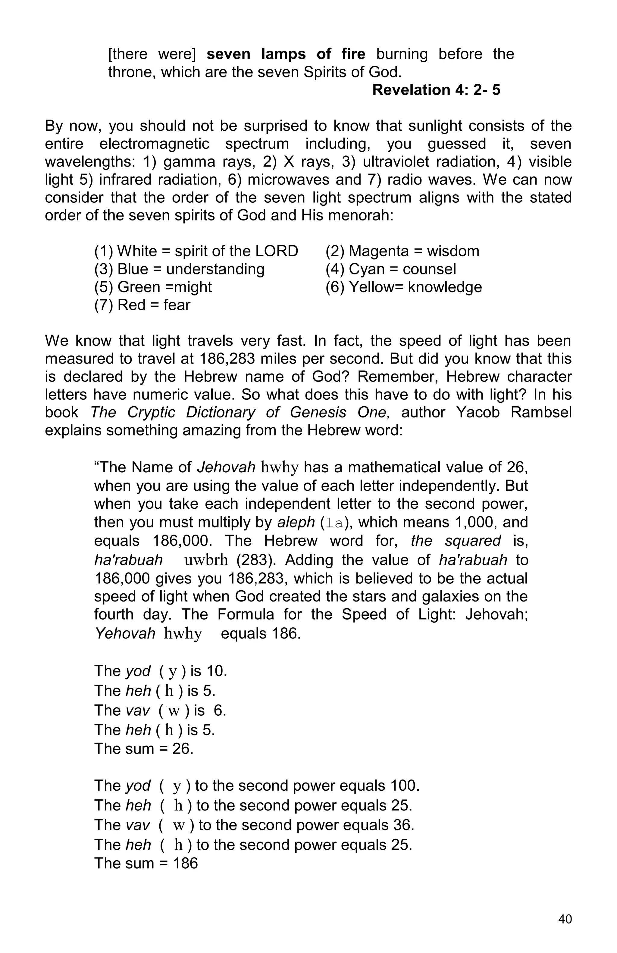 40
[there were] seven lamps of fire burning before the
throne, which are the seven Spirits of God.
Revelation 4: 2- 5
By now, you should not be surprised to know that sunlight consists of the
entire electromagnetic spectrum including, you guessed it, seven
wavelengths: 1) gamma rays, 2) X rays, 3) ultraviolet radiation, 4) visible
light 5) infrared radiation, 6) microwaves and 7) radio waves. We can now
consider that the order of the seven light spectrum aligns with the stated
order of the seven spirits of God and His menorah:
(1) White = spirit of the LORD (2) Magenta = wisdom
(3) Blue = understanding (4) Cyan = counsel
(5) Green =might (6) Yellow= knowledge
(7) Red = fear
We know that light travels very fast. In fact, the speed of light has been
measured to travel at 186,283 miles per second. But did you know that this
is declared by the Hebrew name of God? Remember, Hebrew character
letters have numeric value. So what does this have to do with light? In his
book The Cryptic Dictionary of Genesis One, author Yacob Rambsel
explains something amazing from the Hebrew word:
“The Name of Jehovah hwhy has a mathematical value of 26,
when you are using the value of each letter independently. But
when you take each independent letter to the second power,
then you must multiply by aleph (la), which means 1,000, and
equals 186,000. The Hebrew word for, the squared is,
ha'rabuah uwbrh (283). Adding the value of ha'rabuah to
186,000 gives you 186,283, which is believed to be the actual
speed of light when God created the stars and galaxies on the
fourth day. The Formula for the Speed of Light: Jehovah;
Yehovah hwhy equals 186.
The yod ( y ) is 10.
The heh ( h ) is 5.
The vav ( w ) is 6.
The heh ( h ) is 5.
The sum = 26.
The yod ( y ) to the second power equals 100.
The heh ( h ) to the second power equals 25.
The vav ( w ) to the second power equals 36.
The heh ( h ) to the second power equals 25.
The sum = 186
 