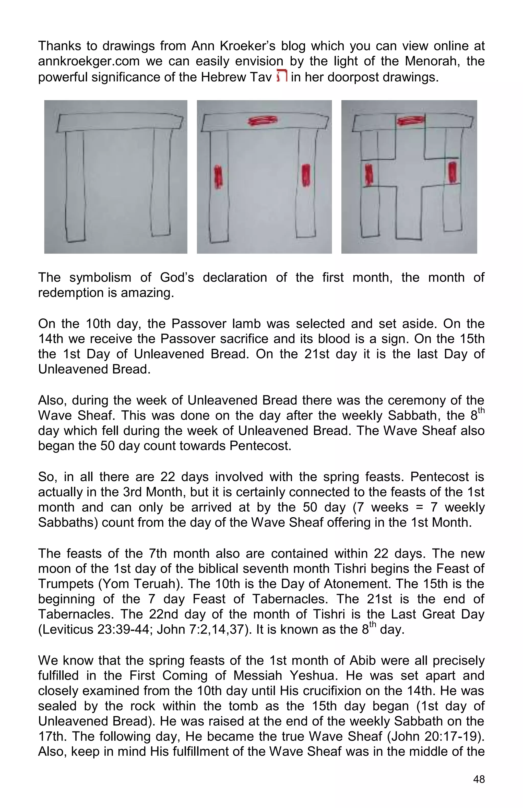 48
Thanks to drawings from Ann Kroeker’s blog which you can view online at
annkroekger.com we can easily envision by the light of the Menorah, the
powerful significance of the Hebrew Tav in her doorpost drawings.
The symbolism of God’s declaration of the first month, the month of
redemption is amazing.
On the 10th day, the Passover lamb was selected and set aside. On the
14th we receive the Passover sacrifice and its blood is a sign. On the 15th
the 1st Day of Unleavened Bread. On the 21st day it is the last Day of
Unleavened Bread.
Also, during the week of Unleavened Bread there was the ceremony of the
Wave Sheaf. This was done on the day after the weekly Sabbath, the 8
th
day which fell during the week of Unleavened Bread. The Wave Sheaf also
began the 50 day count towards Pentecost.
So, in all there are 22 days involved with the spring feasts. Pentecost is
actually in the 3rd Month, but it is certainly connected to the feasts of the 1st
month and can only be arrived at by the 50 day (7 weeks = 7 weekly
Sabbaths) count from the day of the Wave Sheaf offering in the 1st Month.
The feasts of the 7th month also are contained within 22 days. The new
moon of the 1st day of the biblical seventh month Tishri begins the Feast of
Trumpets (Yom Teruah). The 10th is the Day of Atonement. The 15th is the
beginning of the 7 day Feast of Tabernacles. The 21st is the end of
Tabernacles. The 22nd day of the month of Tishri is the Last Great Day
(Leviticus 23:39-44; John 7:2,14,37). It is known as the 8
th
day.
We know that the spring feasts of the 1st month of Abib were all precisely
fulfilled in the First Coming of Messiah Yeshua. He was set apart and
closely examined from the 10th day until His crucifixion on the 14th. He was
sealed by the rock within the tomb as the 15th day began (1st day of
Unleavened Bread). He was raised at the end of the weekly Sabbath on the
17th. The following day, He became the true Wave Sheaf (John 20:17-19).
Also, keep in mind His fulfillment of the Wave Sheaf was in the middle of the
 