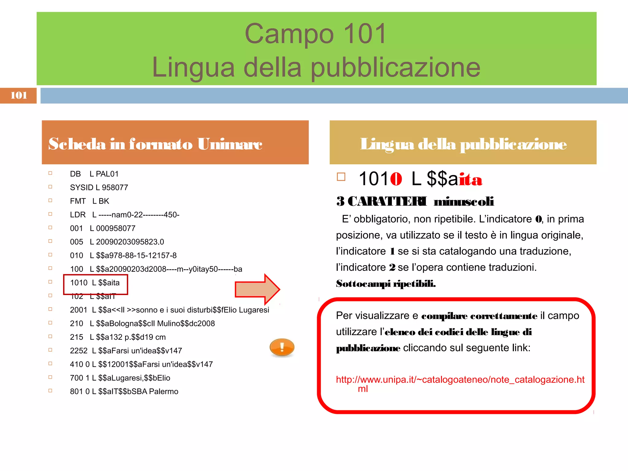 Campo 101
                                Lingua della pubblicazione
101



      Scheda in formato Unimarc                                           Lingua della pubblicazione
          DB   L PAL01
                                                                          1010 L $$aita
      
                                                                     
         SYSID L 958077
         FMT L BK                                                   3 CARATTERI minuscoli
          LDR L -----nam0-22--------450-
                                                                      E’ obbligatorio, non ripetibile. L’indicatore 0, in prima
      

         001 L 000958077
                                                                     posizione, va utilizzato se il testo è in lingua originale,
         005 L 20090203095823.0
         010 L $$a978-88-15-12157-8                                 l’indicatore 1 se si sta catalogando una traduzione,
         100 L $$a20090203d2008----m--y0itay50------ba              l’indicatore 2 se l’opera contiene traduzioni.
         1010 L $$aita                                              Sottocampi ripetibili.
         102 L $$aIT
         2001 L $$a<<Il >>sonno e i suoi disturbi$$fElio Lugaresi
                                                                     Per visualizzare e compilare correttamente il campo
         210 L $$aBologna$$cIl Mulino$$dc2008
         215 L $$a132 p.$$d19 cm
                                                                     utilizzare l’elenco dei codici delle lingue di
         2252 L $$aFarsi un'idea$$v147                              pubblicazione cliccando sul seguente link:
         410 0 L $$12001$$aFarsi un'idea$$v147
         700 1 L $$aLugaresi,$$bElio                                http://www.unipa.it/~catalogoateneo/note_catalogazione.ht
         801 0 L $$aIT$$bSBA Palermo                                      ml
 