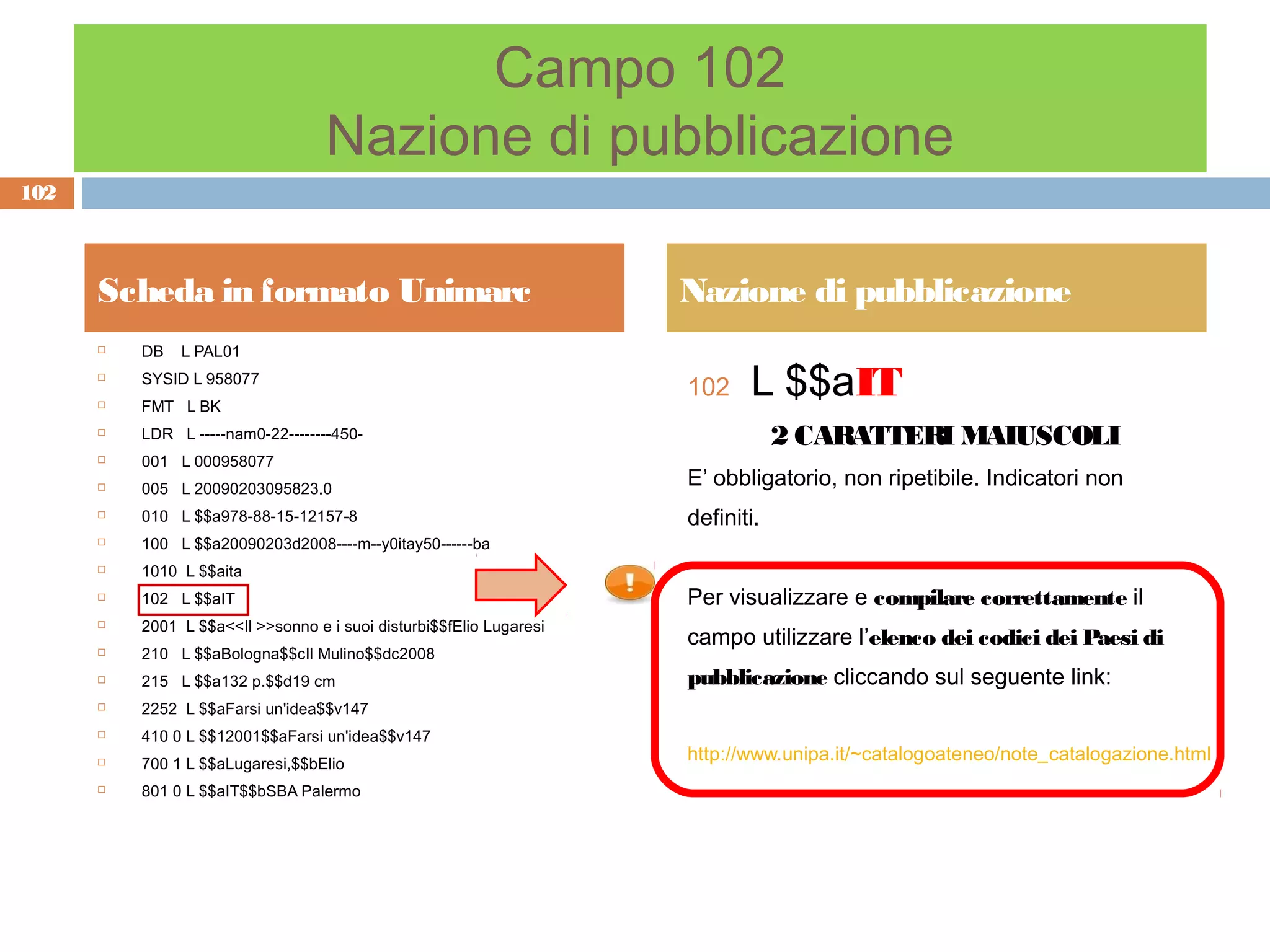 Campo 102
                                   Nazione di pubblicazione
102



      Scheda in formato Unimarc                                      Nazione di pubblicazione
         DB   L PAL01
      

      
          SYSID L 958077
          FMT L BK
                                                                     102    L $$aIT
         LDR L -----nam0-22--------450-                                         2 CARATTER MAIUSCOLI
                                                                                           I
         001 L 000958077
         005 L 20090203095823.0
                                                                     E’ obbligatorio, non ripetibile. Indicatori non
         010 L $$a978-88-15-12157-8                                 definiti.
         100 L $$a20090203d2008----m--y0itay50------ba
         1010 L $$aita
         102 L $$aIT                                                Per visualizzare e compilare correttamente il
          2001 L $$a<<Il >>sonno e i suoi disturbi$$fElio Lugaresi
                                                                     campo utilizzare l’elenco dei codici dei Paesi di
      

         210 L $$aBologna$$cIl Mulino$$dc2008
         215 L $$a132 p.$$d19 cm                                    pubblicazione cliccando sul seguente link:
         2252 L $$aFarsi un'idea$$v147
         410 0 L $$12001$$aFarsi un'idea$$v147
         700 1 L $$aLugaresi,$$bElio
                                                                     http://www.unipa.it/~catalogoateneo/note_catalogazione.html
         801 0 L $$aIT$$bSBA Palermo
 