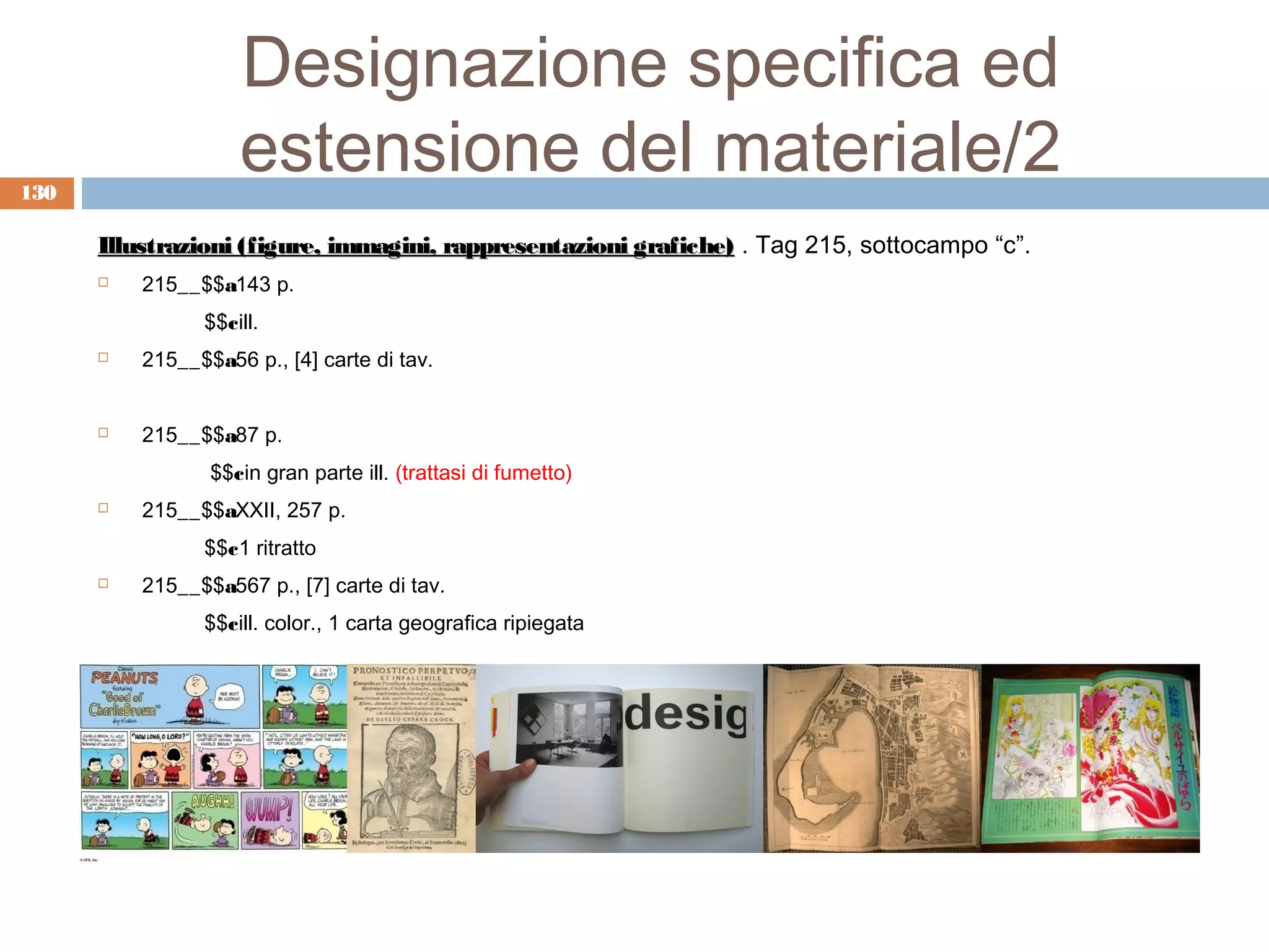 Designazione specifica ed
130
                    estensione del materiale/2
      Illustrazioni (figure, immagini, rappresentazioni grafiche) . Tag 215, sottocampo “c”.
         215__$$a143 p.
                $$cill.
         215__$$a56 p., [4] carte di tav.


         215__$$a87 p.
                 $$cin gran parte ill. (trattasi di fumetto)
         215__$$aXXII, 257 p.
                $$c1 ritratto
         215__$$a567 p., [7] carte di tav.
                $$cill. color., 1 carta geografica ripiegata
 