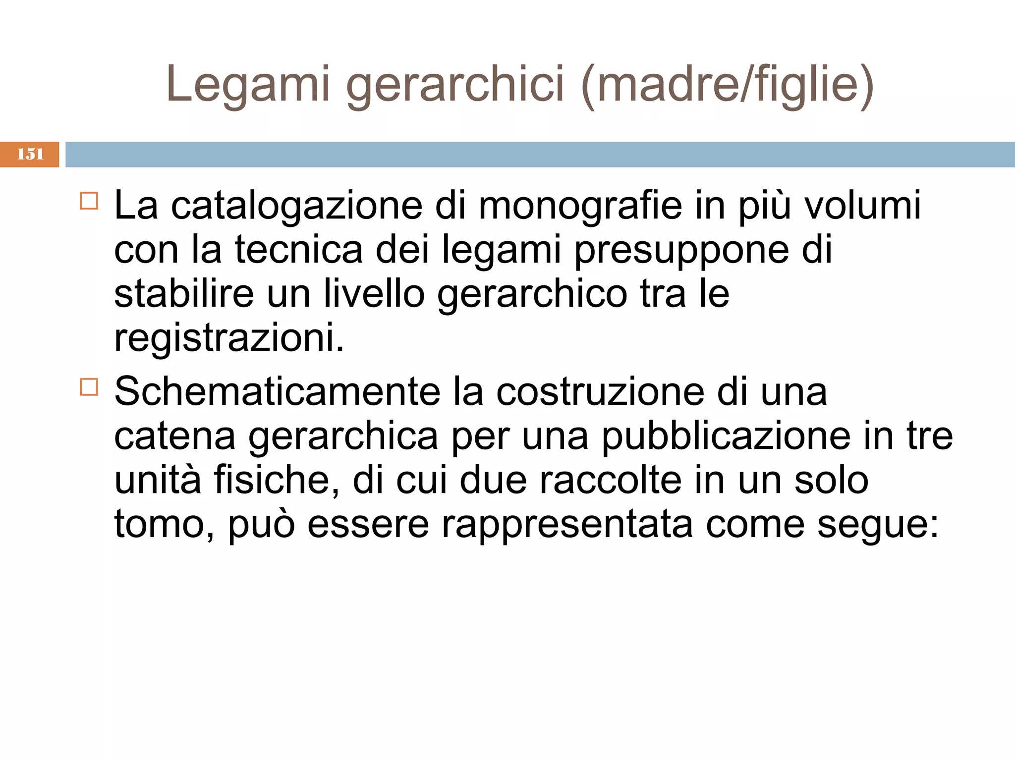 Legami gerarchici (madre/figlie)
151

         La catalogazione di monografie in più volumi
          con la tecnica dei legami presuppone di
          stabilire un livello gerarchico tra le
          registrazioni.
         Schematicamente la costruzione di una
          catena gerarchica per una pubblicazione in tre
          unità fisiche, di cui due raccolte in un solo
          tomo, può essere rappresentata come segue:
 
