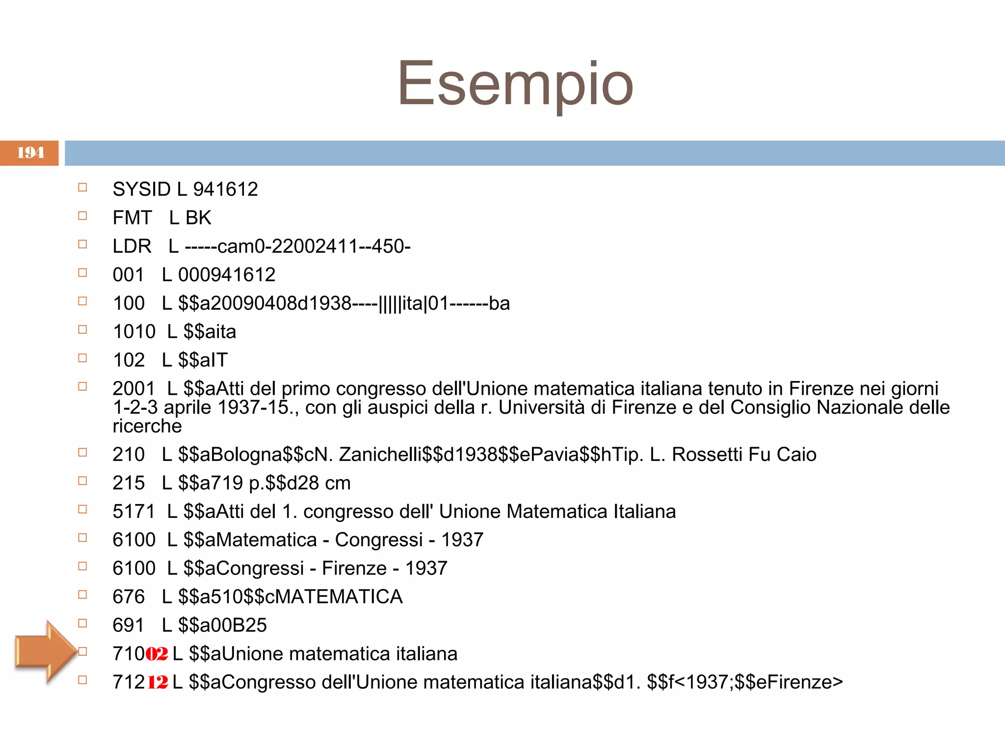 Esempio
194

         SYSID L 941612
         FMT L BK
         LDR L -----cam0-22002411--450-
         001 L 000941612
         100 L $$a20090408d1938----|||||ita|01------ba
         1010 L $$aita
         102 L $$aIT
         2001 L $$aAtti del primo congresso dell'Unione matematica italiana tenuto in Firenze nei giorni
          1-2-3 aprile 1937-15., con gli auspici della r. Università di Firenze e del Consiglio Nazionale delle
          ricerche
         210 L $$aBologna$$cN. Zanichelli$$d1938$$ePavia$$hTip. L. Rossetti Fu Caio
         215 L $$a719 p.$$d28 cm
         5171 L $$aAtti del 1. congresso dell' Unione Matematica Italiana
         6100 L $$aMatematica - Congressi - 1937
         6100 L $$aCongressi - Firenze - 1937
         676 L $$a510$$cMATEMATICA
         691 L $$a00B25
         71002 L $$aUnione matematica italiana
         71212 L $$aCongresso dell'Unione matematica italiana$$d1. $$f<1937;$$eFirenze>
 
