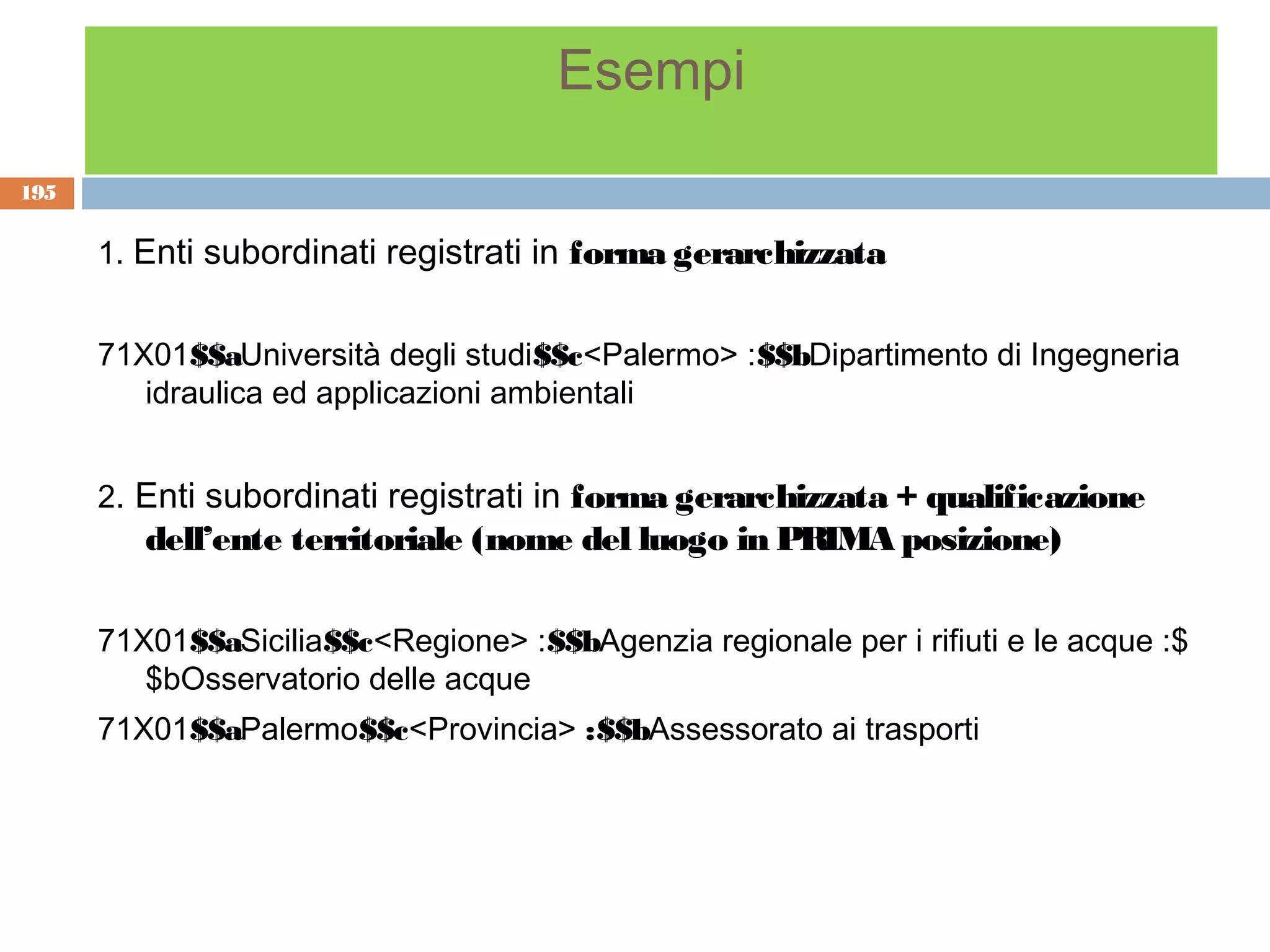 Esempi
195


      1. Enti subordinati registrati in forma gerarchizzata


      71X01$$aUniversità degli studi$$c<Palermo> :$$bDipartimento di Ingegneria
         idraulica ed applicazioni ambientali


      2. Enti subordinati registrati in forma gerarchizzata + qualificazione
         dell’ente territoriale (nome del luogo in PRIMA posizione)

      71X01$$aSicilia$$c<Regione> :$$bAgenzia regionale per i rifiuti e le acque :$
         $bOsservatorio delle acque
      71X01$$aPalermo$$c<Provincia> :$$bAssessorato ai trasporti
 
