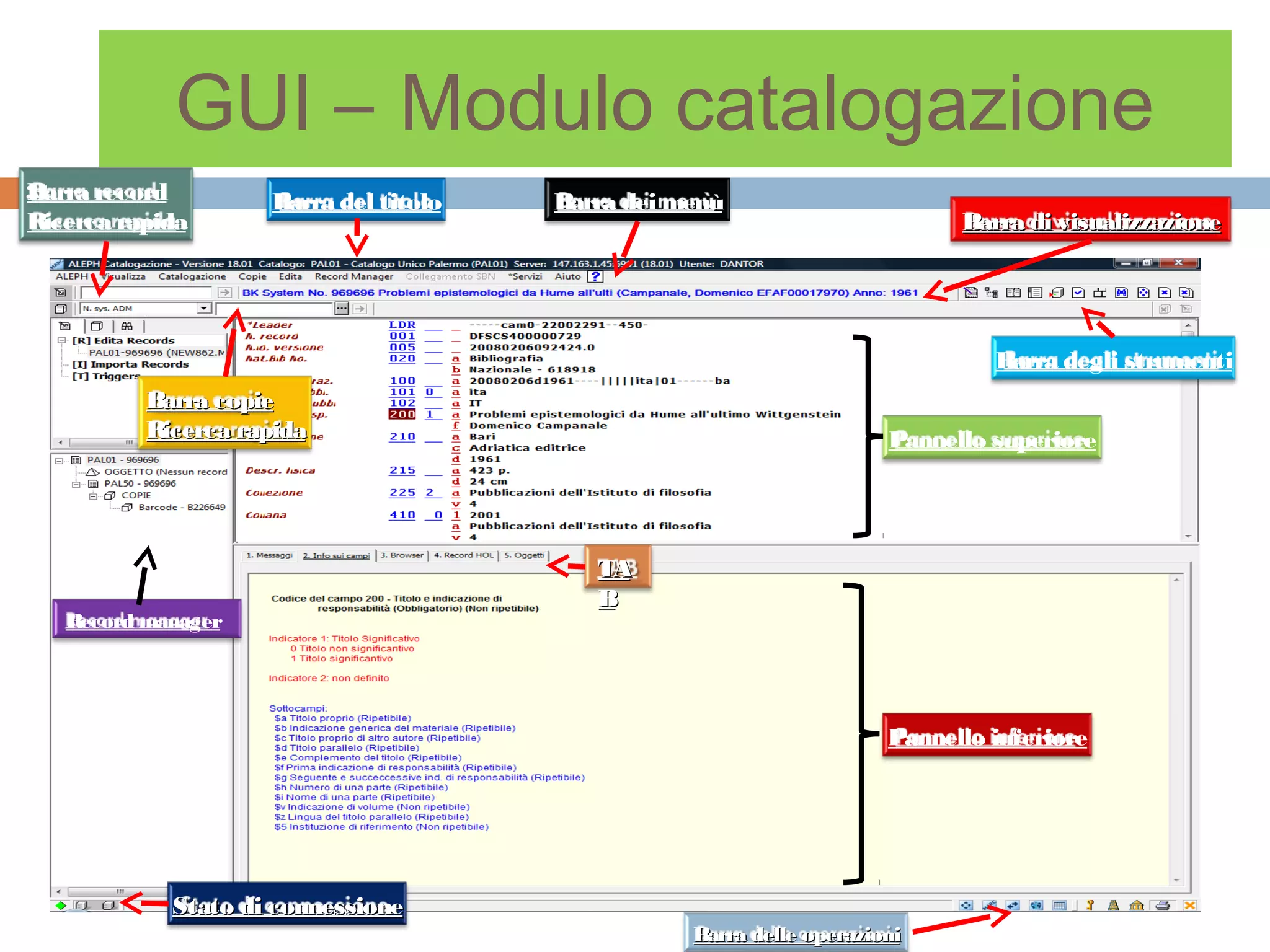 GUI – Modulo catalogazione
Barra record
31                     Barra del titolo   Barra dei menù
Ricerca rapida                                                                 Barra di visualizzazione




                                                                                  Barra degli strumenti
          Barra copie
          Ricerca rapida                                                 Pannello superiore




                                             TA
                                             B
   Record manager




                                                                         Pannello inferiore




               Stato di connessione
                                                     Barra delle operazioni
 