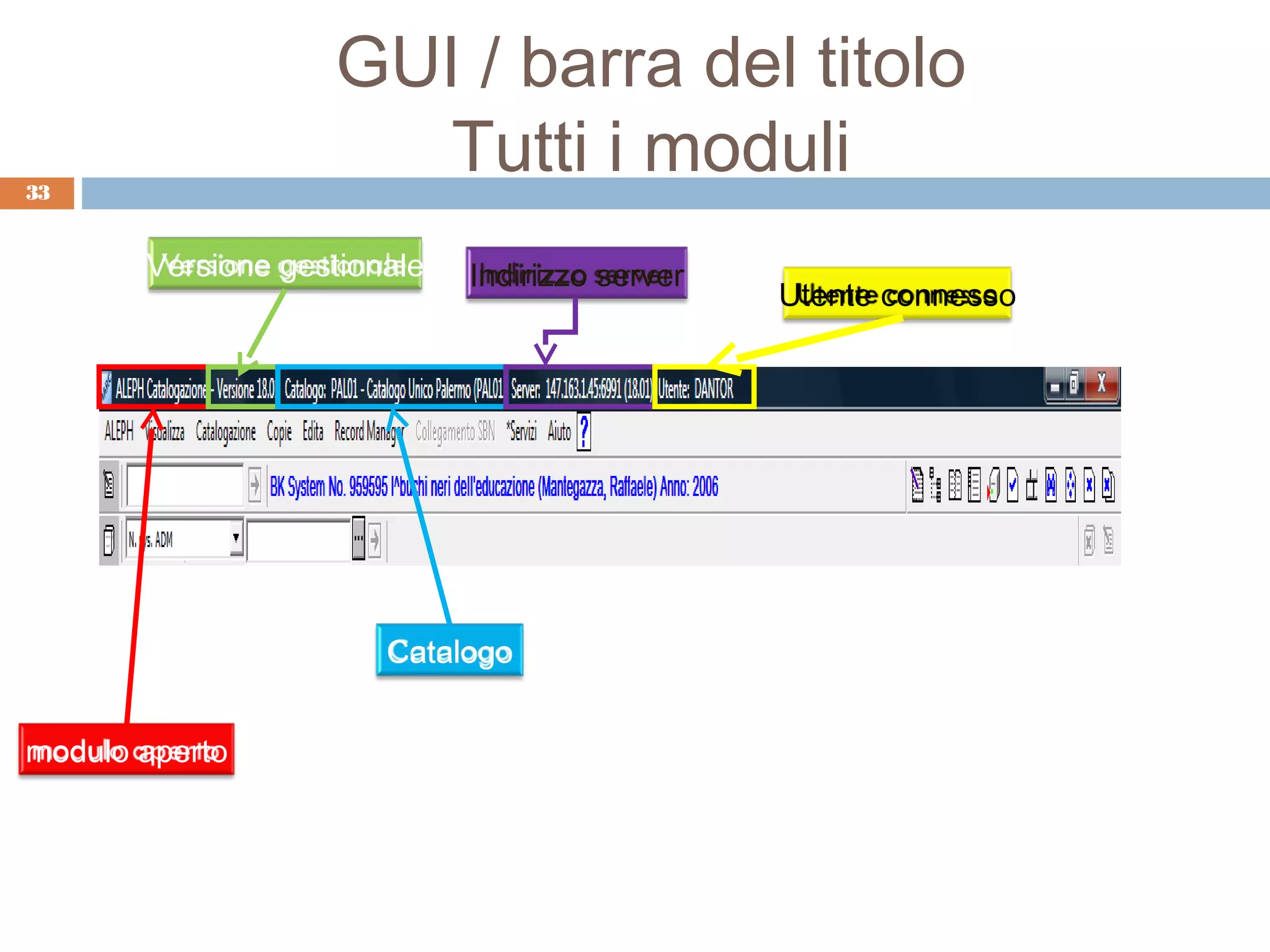 GUI / barra del titolo
33
                      Tutti i moduli
       Versione gestionale   Indirizzo server
                                                Utente connesso




                       Catalogo


modulo aperto
 