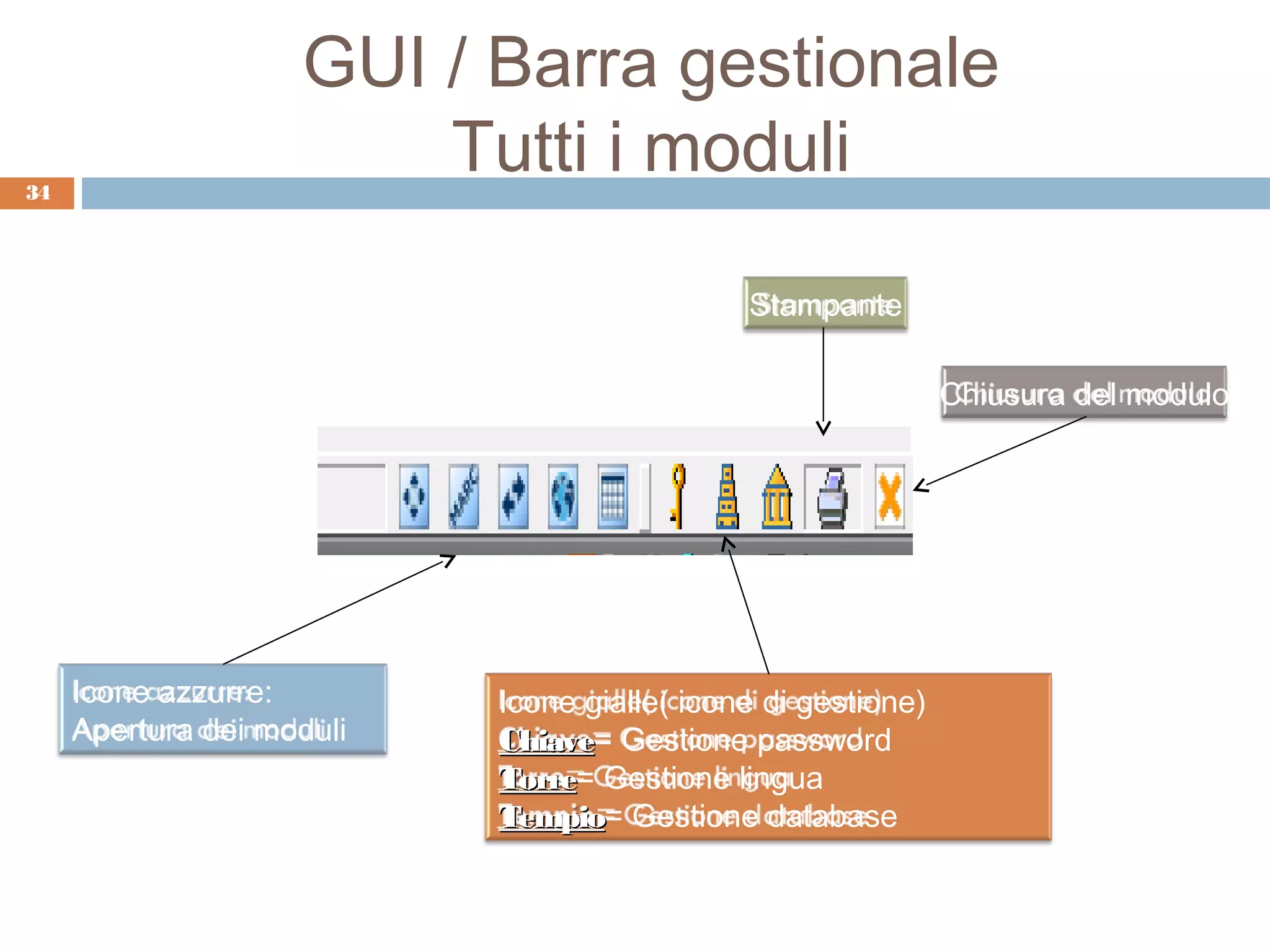 GUI / Barra gestionale
34
                        Tutti i moduli

                                             Stampante

                                                              Chiusura del modulo




     Icone azzurre:        Icone gialle( icone di gestione)
     Apertura dei moduli   Chiave= Gestione password
                           Chiave
                           Torre= Gestione lingua
                           Torre
                           Tempio= Gestione database
                           Tempio
 