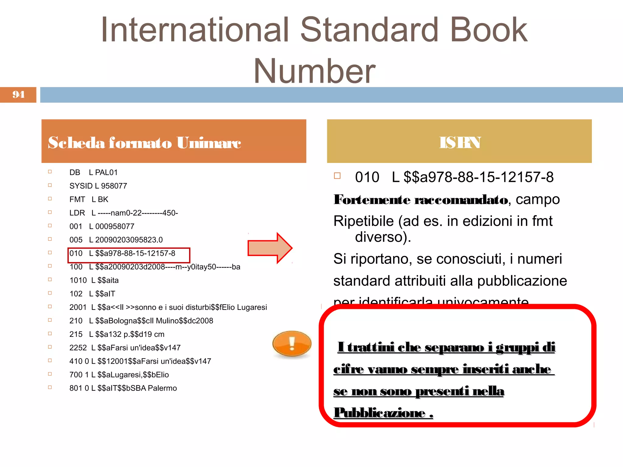 International Standard Book
94
                           Number
     Scheda formato Unimarc                                                          ISBN
         DB   L PAL01
                                                                        010 L $$a978-88-15-12157-8
     
                                                                    
        SYSID L 958077
        FMT L BK                                                   Fortemente raccomandato, campo
        LDR L -----nam0-22--------450-
        001 L 000958077                                            Ripetibile (ad es. in edizioni in fmt
        005 L 20090203095823.0                                         diverso).
         010 L $$a978-88-15-12157-8
                                                                    Si riportano, se conosciuti, i numeri
     

        100 L $$a20090203d2008----m--y0itay50------ba
        1010 L $$aita                                              standard attribuiti alla pubblicazione
        102 L $$aIT
        2001 L $$a<<Il >>sonno e i suoi disturbi$$fElio Lugaresi   per identificarla univocamente.
        210 L $$aBologna$$cIl Mulino$$dc2008
        215 L $$a132 p.$$d19 cm
        2252 L $$aFarsi un'idea$$v147                               I trattini che separano i gruppi di
        410 0 L $$12001$$aFarsi un'idea$$v147
        700 1 L $$aLugaresi,$$bElio
                                                                    cifre vanno sempre inseriti anche
        801 0 L $$aIT$$bSBA Palermo
                                                                    se non sono presenti nella
                                                                    Pubblicazione .
 