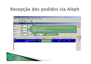 Índice - É obrigatório estar com ID do leitor (PATID) por defeito
Sub-biblioteca –FEP
Estado – NON Pedidos novos

                         Actualizar data




                 Nome do leitor
 