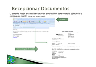 O sistema Aleph envia carta e talão de empréstimo para o leitor a comunicar a
chegada do pedido (e-mail com ficheiro anexo)
                                                     E-mail




        Carta chegada de pedido
 