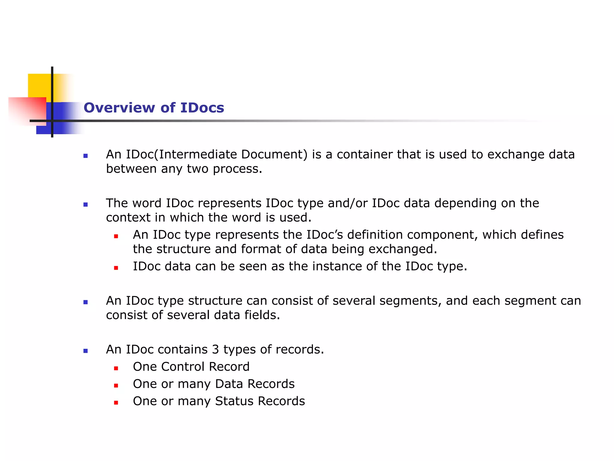  An IDoc(Intermediate Document) is a container that is used to exchange data
between any two process.
 The word IDoc represents IDoc type and/or IDoc data depending on the
context in which the word is used.
 An IDoc type represents the IDoc’s definition component, which defines
the structure and format of data being exchanged.
 IDoc data can be seen as the instance of the IDoc type.
 An IDoc type structure can consist of several segments, and each segment can
consist of several data fields.
 An IDoc contains 3 types of records.
 One Control Record
 One or many Data Records
 One or many Status Records
Overview of IDocs
 