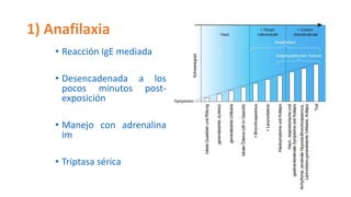 1) Anafilaxia
• Reacción IgE mediada
• Desencadenada a los
pocos minutos post-
exposición
• Manejo con adrenalina
im
• Triptasa sérica
 