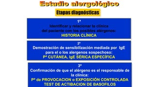 1ª
Identificar y relacionar la clínica
del paciente con los posibles alérgenos:
HISTORIA CLÍNICA
Etapas diagnósticas
2ª
Demostración de sensibilización mediada por IgE
para el o los alergenos sospechoso:
Pª CUTÁNEA, IgE SÉRICA ESPECÍFICA
3ª
Confirmación de que el alérgeno es el responsable de
la clínica:
Pª de PROVOCACION o EXPOSICIÓN CONTROLADA
TEST DE ACTIBACION DE BASOFILOS
 