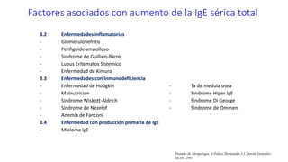 Factores asociados con aumento de la IgE sérica total
3.2 Enfermedades inflamatorias
- Glomerulonefritis
- Penfigoide ampolloso
- Sindrome de Guillain-Barre
- Lupus Eritematos Sistemico
- Enfermedad de Kimura
3.3 Enfermedades con Inmunodeficiencia
- Enfermedad de Hodgkin - Tx de medula osea
- Malnutricion - Sindrome Hiper IgE
- Sindrome Wiskott-Aldrich - Sindrome Di George
- Sindrome de Nezelof - Sindrome de Ommen
- Anemia de Fanconi
3.4 Enfermedad con producción primaria de IgE
- Mieloma IgE
Tratado de Alergologia. A.Pelaez Hernandez I.J. Davila Gonzales.
SEAIC 2007
 