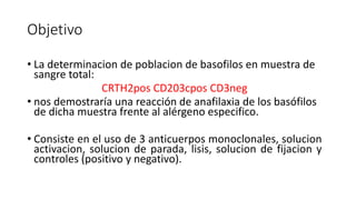 • La determinacion de poblacion de basofilos en muestra de
sangre total:
CRTH2pos CD203cpos CD3neg
• nos demostraría una reacción de anafilaxia de los basófilos
de dicha muestra frente al alérgeno especifico.
• Consiste en el uso de 3 anticuerpos monoclonales, solucion
activacion, solucion de parada, lisis, solucion de fijacion y
controles (positivo y negativo).
Objetivo
 