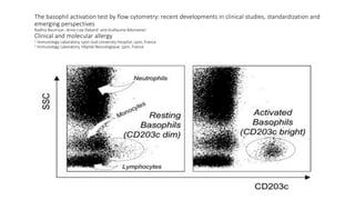 The basophil activation test by flow cytometry: recent developments in clinical studies, standardization and
emerging perspectives
Radhia Boumiza1, Anne-Lise Debard1 and Guillaume Monneret1
Clinical and molecular allergy
1 Immunology Laboratory, Lyon-Sud University Hospital, Lyon, France
2 Immunology Laboratory, Hôpital Neurologique, Lyon, France
 