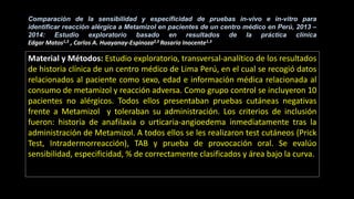 Comparación de la sensibilidad y especificidad de pruebas in-vivo e in-vitro para
identificar reacción alérgica a Metamizol en pacientes de un centro médico en Perú, 2013 –
2014: Estudio exploratorio basado en resultados de la práctica clínica
Edgar Matos1,3 , Carlos A. Huayanay-Espinoza2,3 Rosario Inocente1,3
Material y Métodos: Estudio exploratorio, transversal-analítico de los resultados
de historia clínica de un centro médico de Lima Perú, en el cual se recogió datos
relacionados al paciente como sexo, edad e información médica relacionada al
consumo de metamizol y reacción adversa. Como grupo control se incluyeron 10
pacientes no alérgicos. Todos ellos presentaban pruebas cutáneas negativas
frente a Metamizol y toleraban su administración. Los criterios de inclusión
fueron: historia de anafilaxia o urticaria-angioedema inmediatamente tras la
administración de Metamizol. A todos ellos se les realizaron test cutáneos (Prick
Test, Intradermorreacción), TAB y prueba de provocación oral. Se evalúo
sensibilidad, especificidad, % de correctamente clasificados y área bajo la curva.
 