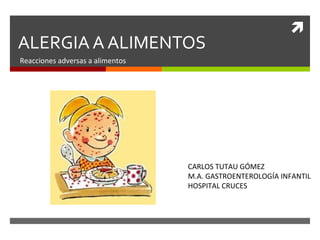 ALERGIA A ALIMENTOS



Reacciones adversas a alimentos

CARLOS TUTAU GÓMEZ
M.A. GASTROENTEROLOGÍA INFANTIL
HOSPITAL CRUCES

 