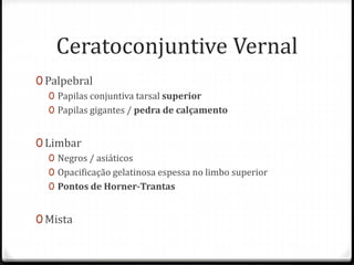 0 Palpebral
0 Papilas conjuntiva tarsal superior
0 Papilas gigantes / pedra de calçamento
0 Limbar
0 Negros / asiáticos
0 Opacificação gelatinosa espessa no limbo superior
0 Pontos de Horner-Trantas
0 Mista
Ceratoconjuntive Vernal
 