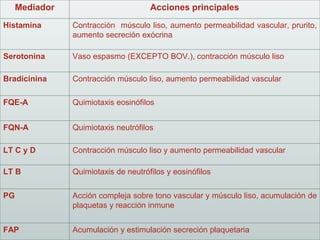 Mediador Acciones principales
Histamina Contracción músculo liso, aumento permeabilidad vascular, prurito,
aumento secreción exócrina
Serotonina Vaso espasmo (EXCEPTO BOV.), contracción músculo liso
Bradicinina Contracción músculo liso, aumento permeabilidad vascular
FQE-A Quimiotaxis eosinófilos
FQN-A Quimiotaxis neutrófilos
LT C y D Contracción músculo liso y aumento permeabilidad vascular
LT B Quimiotaxis de neutrófilos y eosinófilos
PG Acción compleja sobre tono vascular y músculo liso, acumulación de
plaquetas y reacción inmune
FAP Acumulación y estimulación secreción plaquetaria
 