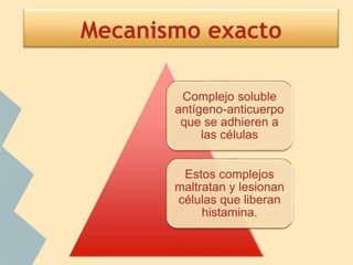 Mecanismo exacto
Complejo soluble
antígeno-anticuerpo
que se adhieren a
las células
Estos complejos
maltratan y lesionan
células que liberan
histamina.
 