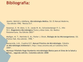Bibliografía:
Jawetz- Melnick y Adelberg. Microbiología Médica. Ed. El Manual Moderno,
15a edición 1996. *Mexico D.F.
Koneman, E. W; Allen, S. D.; Janda W. M.; Schreckenberger P. C.; Win
W.C. Diagnóstico Microbiolgico-Texto y Atlas Color, Ed. Medico
Panamericana. 5ta Edición 2003**
Madigan, M. T.; Martinko G. M.; Parker J. Brock, Biología de los Microorganismos. Ed.
Pretice Hall. 8va edición. 1998. *
Manacorda, A.M., Cuadros D.P. Manual Práctico de Microbiología. Cátedra
de Microbiologia Ambiental I. http://essa.uncoma.edu.ar/catedras.html.
2005*.
Montoya Villafañe Hugo Humberto microbiología Básica para el Área de la Salud y
Afines., segunda edición, Colombia edición 2008
 