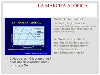 LA MARCHA ATÓPICA
• Desarrollo secuencial
de DA y/o alergia alimentaria,
rinoconjuntivitis y/o asma, predominan
unas y desaparecen otras según la
edad. AF de atopia
• La DA sería el punto de
partida de las EA y que la
reparación de la barrera
cutánea impediría la
sensibilización y las EA
 Criticada: asmáticos durante 9
años 20% desarrollaron antes
asma que DA
 