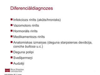 21
Anda Arbidāne, MF V 1.grupa
 Infekciozs rinīts (akūts/hronisks)
 Vazomotors rinīts
 Hormonāls rinīts
 Medikamentozs rinīts
 Anatomiskas izmaiņas (deguna starpsienas deviācija,
concha bullosa u.c.)
 Deguna polipi
 Svešķermeņi
 Audzēji
Diferenciāldiagnozes
 