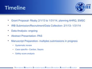 Timeline
• Grant Proposal- Rbaby 2/1/13 to 1/31/14, planning AHRQ, EMSC
• IRB Submission/Recruitment/Data Collection- 2/1/13- 1/31/14
• Data Analysis- ongoing
• Abstract Presentation- PAS
• Manuscript Preparation- multiples submissions in progress
– Systematic review
– Case specific– Cardiac, Sepsis
– Safety score analysis

International Network for Simulation-based Pediatric Innovation, Research and Education

 