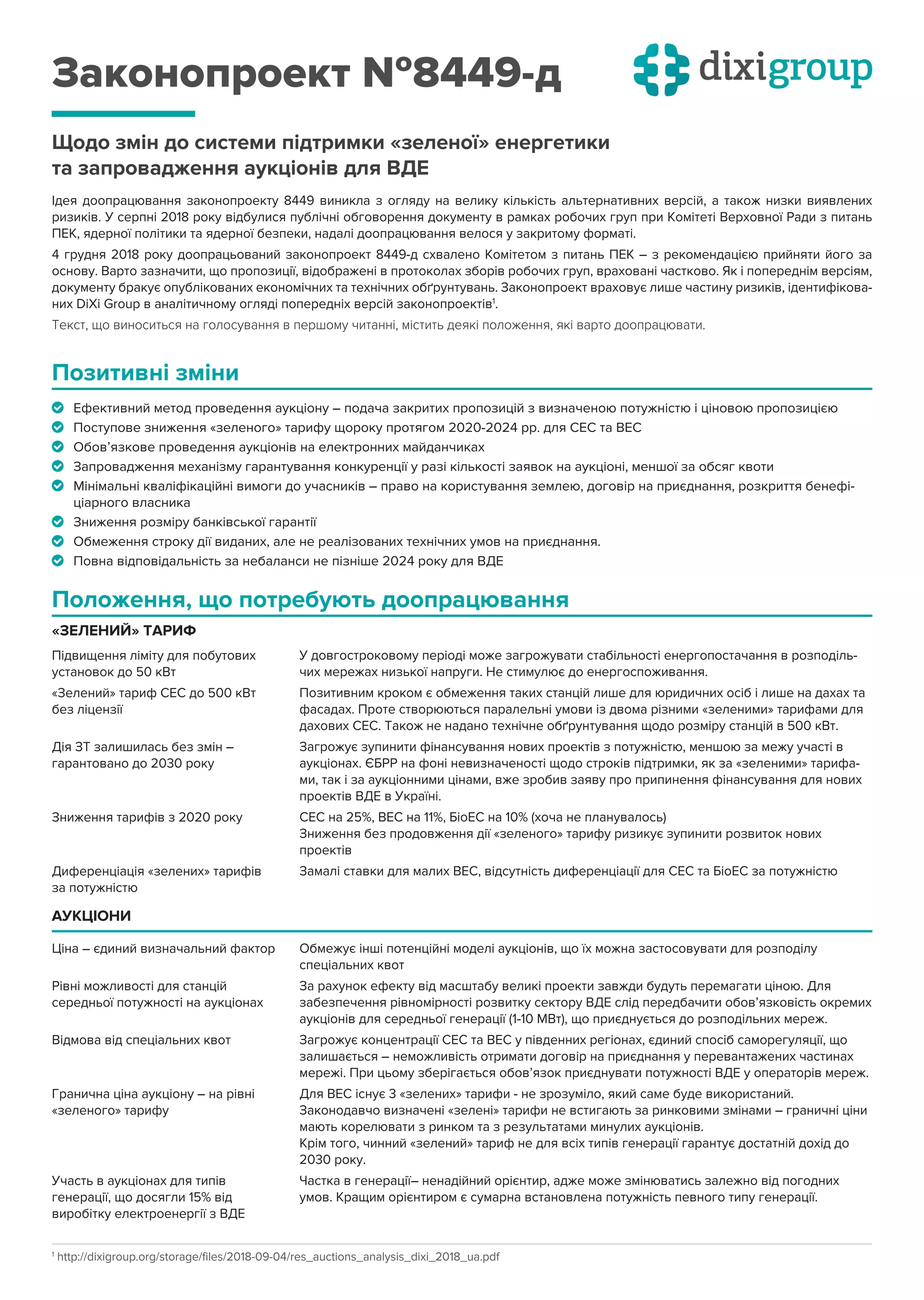 Законопроект №8449-д
Щодо змін до системи підтримки «зеленої» енергетики
та запровадження аукціонів для ВДЕ
Позитивні зміни
Ефективний метод проведення аукціону – подача закритих пропозицій з визначеною потужністю і ціновою пропозицією
Поступове зниження «зеленого» тарифу щороку протягом 2020-2024 рр. для СЕС та ВЕС
Обов’язкове проведення аукціонів на електронних майданчиках
Запровадження механізму гарантування конкуренції у разі кількості заявок на аукціоні, меншої за обсяг квоти
Мінімальні кваліфікаційні вимоги до учасників – право на користування землею, договір на приєднання, розкриття бенефі-
ціарного власника
Зниження розміру банківської гарантії
Обмеження строку дії виданих, але не реалізованих технічних умов на приєднання.
Повна відповідальність за небаланси не пізніше 2024 року для ВДЕ
Положення, що потребують доопрацювання
Ідея доопрацювання законопроекту 8449 виникла з огляду на велику кількість альтернативних версій, а також низки виявлених
ризиків. У серпні 2018 року відбулися публічні обговорення документу в рамках робочих груп при Комітеті Верховної Ради з питань
ПЕК, ядерної політики та ядерної безпеки, надалі доопрацювання велося у закритому форматі.
4 грудня 2018 року доопрацьований законопроект 8449-д схвалено Комітетом з питань ПЕК – з рекомендацією прийняти його за
основу. Варто зазначити, що пропозиції, відображені в протоколах зборів робочих груп, враховані частково. Як і попереднім версіям,
документу бракує опублікованих економічних та технічних обґрунтувань. Законопроект враховує лише частину ризиків, ідентифікова-
них DiXi Group в аналітичному огляді попередніх версій законопроектів1
.
Текст, що виноситься на голосування в першому читанні, містить деякі положення, які варто доопрацювати.
Підвищення ліміту для побутових
установок до 50 кВт
«Зелений» тариф СЕС до 500 кВт
без ліцензії
Дія ЗТ залишилась без змін –
гарантовано до 2030 року
Зниження тарифів з 2020 року
Диференціація «зелених» тарифів
за потужністю
У довгостроковому періоді може загрожувати стабільності енергопостачання в розподіль-
чих мережах низької напруги. Не стимулює до енергоспоживання.
Позитивним кроком є обмеження таких станцій лише для юридичних осіб і лише на дахах та
фасадах. Проте створюються паралельні умови із двома різними «зеленими» тарифами для
дахових СЕС. Також не надано технічне обґрунтування щодо розміру станцій в 500 кВт.
Загрожує зупинити фінансування нових проектів з потужністю, меншою за межу участі в
аукціонах. ЄБРР на фоні невизначеності щодо строків підтримки, як за «зеленими» тарифа-
ми, так і за аукціонними цінами, вже зробив заяву про припинення фінансування для нових
проектів ВДЕ в Україні.
СЕС на 25%, ВЕС на 11%, БіоЕС на 10% (хоча не планувалось)
Зниження без продовження дії «зеленого» тарифу ризикує зупинити розвиток нових
проектів
Замалі ставки для малих ВЕС, відсутність диференціації для СЕС та БіоЕС за потужністю
Ціна – єдиний визначальний фактор
Рівні можливості для станцій
середньої потужності на аукціонах
Відмова від спеціальних квот
Гранична ціна аукціону – на рівні
«зеленого» тарифу
Участь в аукціонах для типів
генерації, що досягли 15% від
виробітку електроенергії з ВДЕ
Обмежує інші потенційні моделі аукціонів, що їх можна застосовувати для розподілу
спеціальних квот
За рахунок ефекту від масштабу великі проекти завжди будуть перемагати ціною. Для
забезпечення рівномірності розвитку сектору ВДЕ слід передбачити обов’язковість окремих
аукціонів для середньої генерації (1-10 МВт), що приєднується до розподільних мереж.
Загрожує концентрації СЕС та ВЕС у південних регіонах, єдиний спосіб саморегуляції, що
залишається – неможливість отримати договір на приєднання у перевантажених частинах
мережі. При цьому зберігається обов’язок приєднувати потужності ВДЕ у операторів мереж.
Для ВЕС існує 3 «зелених» тарифи - не зрозуміло, який саме буде використаний.
Законодавчо визначені «зелені» тарифи не встигають за ринковими змінами – граничні ціни
мають корелювати з ринком та з результатами минулих аукціонів.
Крім того, чинний «зелений» тариф не для всіх типів генерації гарантує достатній дохід до
2030 року.
Частка в генерації– ненадійний орієнтир, адже може змінюватись залежно від погодних
умов. Кращим орієнтиром є сумарна встановлена потужність певного типу генерації.
1
http://dixigroup.org/storage/files/2018-09-04/res_auctions_analysis_dixi_2018_ua.pdf
«ЗЕЛЕНИЙ» ТАРИФ
АУКЦІОНИ
 