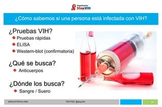 WWW.STOPVIH.ORG TWITTER: @StopVIH ¿Cómo sabemos si una persona está infectada con VIH? ¿Pruebas VIH? Pruebas rápidas ELISA Western-blot (confirmatoria) ¿Qué se busca? Anticuerpos ¿Dónde los busca? Sangre / Suero 