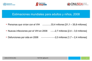 WWW.STOPVIH.ORG TWITTER: @StopVIH Estimaciones mundiales para adultos y niños, 2008 Personas que  vivían  con el VIH 33,4 millones [31,1 – 35,8 millones] Nuevas infecciones por el VIH en 2008  2,7 millones [2,4 – 3,0 millones] Defunciones por sida en 2008  2,0 millones [1,7 – 2,4 millones] 