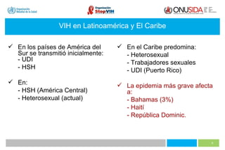 VIH en Latinoamérica y El Caribe En los países de América del Sur se transmitió inicialmente: - UDI - HSH En: - HSH (América Central) - Heterosexual (actual) En el Caribe predomina: - Heterosexual - Trabajadores sexuales - UDI (Puerto Rico) La epidemia más grave afecta a: - Bahamas (3%) - Haití  - República Dominic.  