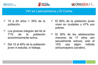 VIH en Latinoamérica y El Caribe 10 a 24 años = 30% de la población. Los jóvenes integran del 44 al 71% de la población económicamente activa. Del 12 al 40% de la población joven ni estudia, ni trabaja. El 80% de la población joven viven en ciudades y 47% son pobres. El 50% de los adolescentes menores de 17 años son sexualmente activos; solo el 10% usa algún método anticonceptivo (condón). 