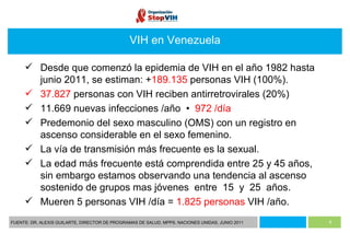 VIH en Venezuela Desde que comenzó la epidemia de VIH en el año 1982 hasta junio 2011, se estiman: + 189.135  personas VIH (100%). 37.827  personas con VIH reciben antirretrovirales (20%) 11.669 nuevas infecciones /año  •  972 /día Predemonio del sexo masculino (OMS) con un registro en ascenso considerable en el sexo femenino. La vía de transmisión más frecuente es la sexual.  La edad más frecuente está comprendida entre 25 y 45 años, sin embargo estamos observando una tendencia al ascenso sostenido de grupos mas jóvenes  entre  15  y  25  años. Mueren 5 personas VIH /día =  1.825 personas  VIH /año. FUENTE: DR. ALEXIS GUILARTE, DIRECTOR DE PROGRAMAS DE SALUD, MPPS. NACIONES UNIDAS, JUNIO 2011 