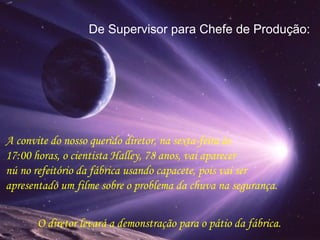 De Supervisor para Chefe de Produção:
O diretor levará a demonstração para o pátio da fábrica.
A convite do nosso querido diretor, na sexta-feira às
17:00 horas, o cientista Halley, 78 anos, vai aparecer
nú no refeitório da fábrica usando capacete, pois vai ser
apresentado um filme sobre o problema da chuva na segurança.
 