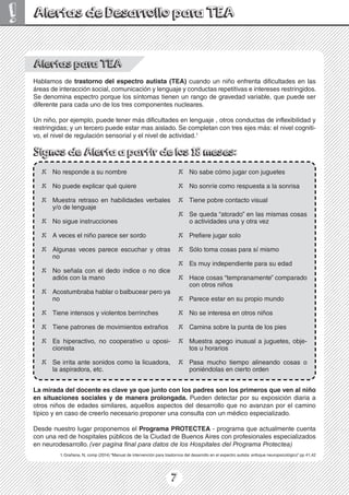 7
!
Alertas para TEA
Hablamos de trastorno del espectro autista (TEA) cuando un niño enfrenta dificultades en las
áreas de interacción social, comunicación y lenguaje y conductas repetitivas e intereses restringidos.
Se denomina espectro porque los síntomas tienen un rango de gravedad variable, que puede ser
diferente para cada uno de los tres componentes nucleares.
Un niño, por ejemplo, puede tener más dificultades en lenguaje , otros conductas de inflexibilidad y
restringidas; y un tercero puede estar mas aislado. Se completan con tres ejes más: el nivel cogniti-
vo, el nivel de regulación sensorial y el nivel de actividad.1
Signos de Alerta a partir de los 18 meses:
X No responde a su nombre
X No puede explicar qué quiere
X Muestra retraso en habilidades verbales
y/o de lenguaje
X No sigue instrucciones
X A veces el niño parece ser sordo
X Algunas veces parece escuchar y otras
no
X No señala con el dedo índice o no dice
adiós con la mano
X Acostumbraba hablar o balbucear pero ya
no
X Tiene intensos y violentos berrinches
X Tiene patrones de movimientos extraños
X Es hiperactivo, no cooperativo u oposi-
cionista
X Se irrita ante sonidos como la licuadora,
la aspiradora, etc.
X No sabe cómo jugar con juguetes
X No sonríe como respuesta a la sonrisa
X Tiene pobre contacto visual
X Se queda “atorado” en las mismas cosas
o actividades una y otra vez
X Prefiere jugar solo
X Sólo toma cosas para sí mismo
X Es muy independiente para su edad
X Hace cosas “tempranamente” comparado
con otros niños
X Parece estar en su propio mundo
X No se interesa en otros niños
X Camina sobre la punta de los pies
X Muestra apego inusual a juguetes, obje-
tos u horarios
X Pasa mucho tiempo alineando cosas o
poniéndolas en cierto orden
Alertas de Desarrollo para TEA
La mirada del docente es clave ya que junto con los padres son los primeros que ven al niño
en situaciones sociales y de manera prolongada. Pueden detectar por su exposición diaria a
otros niños de edades similares, aquellos aspectos del desarrollo que no avanzan por el camino
típico y en caso de creerlo necesario proponer una consulta con un médico especializado.
Desde nuestro lugar proponemos el Programa PROTECTEA - programa que actualmente cuenta
con una red de hospitales públicos de la Ciudad de Buenos Aires con profesionales especializados
en neurodesarrollo. (ver pagina final para datos de los Hospitales del Programa Protectea)
1. Grañana, N, comp (2014) “Manual de intervención para trastornos del desarrollo en el espectro autista: enfoque neuropsicológico” pp 41,42
 