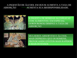 A INGESTÃO DE ÁLCOOL EM JEJUM AUMENTA A TAXA DE ABSORÇÃO  AUMENTA SUA BIODISPONIBILIDADE. MULHERES ABSORVEM O ÁLCOOL MAIS DEPRESSA QUE OS HOMENS, PROVOCANDO EFEITOS MAIS RÁPIDOS E MAIS INTENSOS A INGESTA DE BEBIDAS ALCOÓLICAS COM ALIMENTOS ( EM ESPECIAL GORDUROSOS) DIMINUI A TAXA DE ABSORÇÃO 