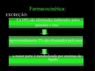 Farmacocinética: EXCREÇÃO: 5 a 10% são eliminados inalterados pelos  pulmões e rins; aproximadamente 2% são eliminados pelo suor a maior parte é metabolizada por enzimas do  fígado. 