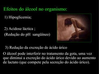 Efeitos do álcool no organismo: 1) Hipoglicemia; 2) Acidose láctica ; (Redução do pH  sangüíneo) 3) Redução da excreção de ácido úrico O álcool pode interferir no tratamento da gota, uma vez que diminui a excreção do ácido úrico devido ao aumento de lactato (que compete pela secreção do ácido úrico). 