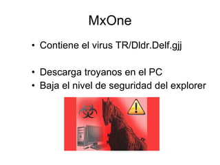 MxOne Contiene el virus TR/Dldr.Delf.gjj Descarga troyanos en el PC Baja el nivel de seguridad del explorer 