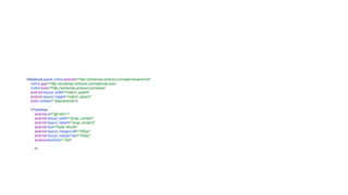 <RelativeLayout xmlns:android="http://schemas.android.com/apk/res/android"
xmlns:app="http://schemas.android.com/apk/res-auto"
xmlns:tools="http://schemas.android.com/tools"
android:layout_width="match_parent"
android:layout_height="match_parent"
tools:context=".MainActivity">
<TextView
android:id="@+id/tv1"
android:layout_width="wrap_content"
android:layout_height="wrap_content"
android:text="Hello World!"
android:layout_marginLeft="200px"
android:layout_marginTop="100px"
android:textSize="15pt"
/>
 